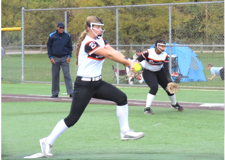 ACTION - Julia Putko pitching for her Beverly Bandits - Ault team